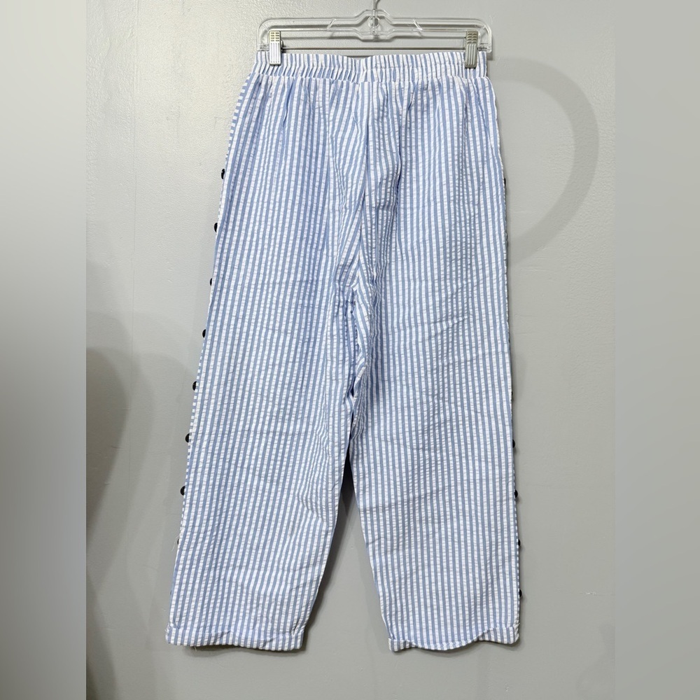 #12)  Striped Blue and White Pants with Button Accents - Picture 2 of 11